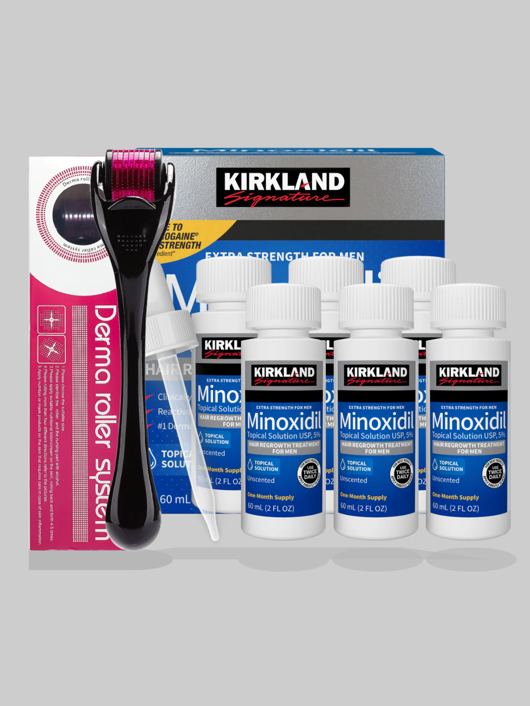 Caja Minoxidil Kirkland 5% X 6 unidades + 1 Dermarroller